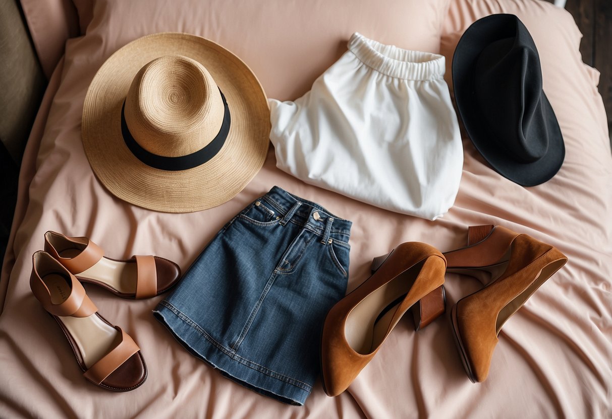 A stylish woman's clothing laid out on a bed, including a comfortable yet chic outfit, versatile shoes, a crossbody bag, and a wide-brimmed hat