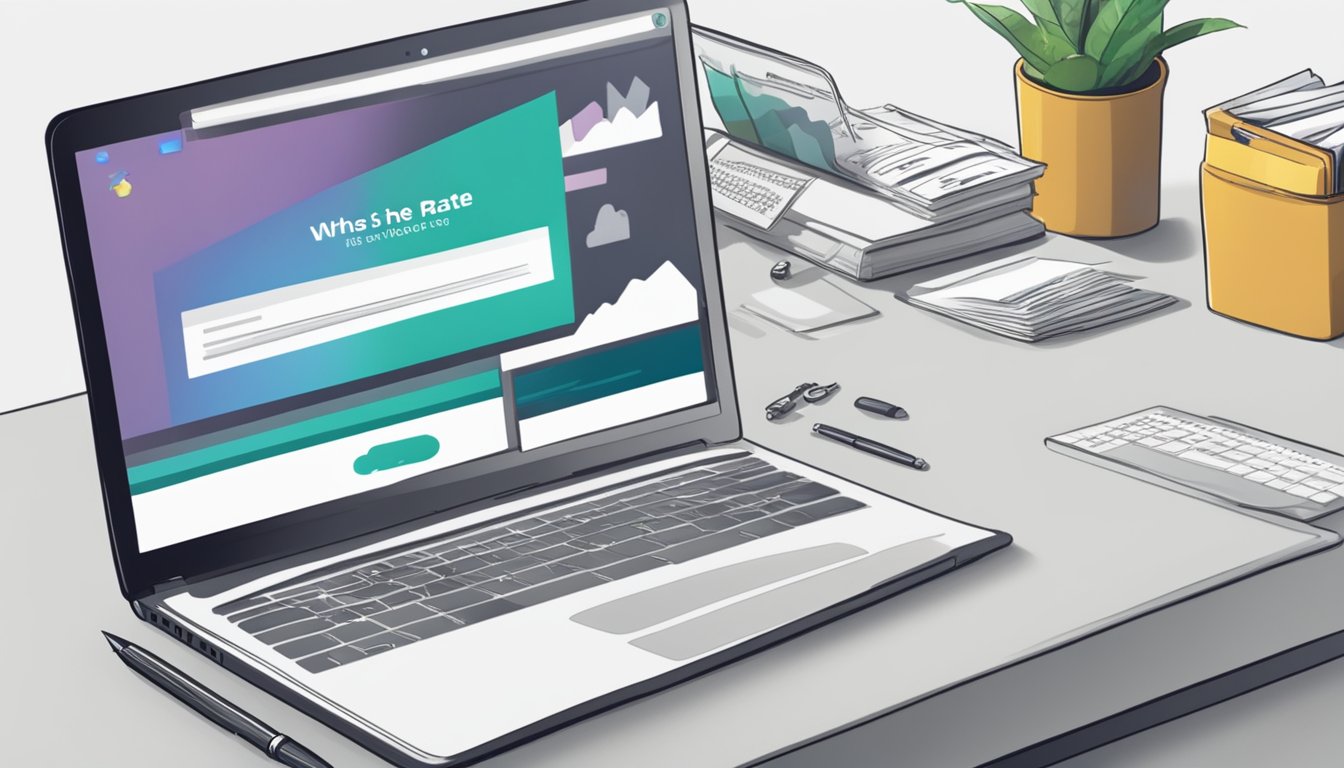 A laptop displaying a webpage with the headline "What is the average interest rate for SME loans in Singapore? ThinkSME.sg Business Loan SG Review" is on a desk with a pen and notepad