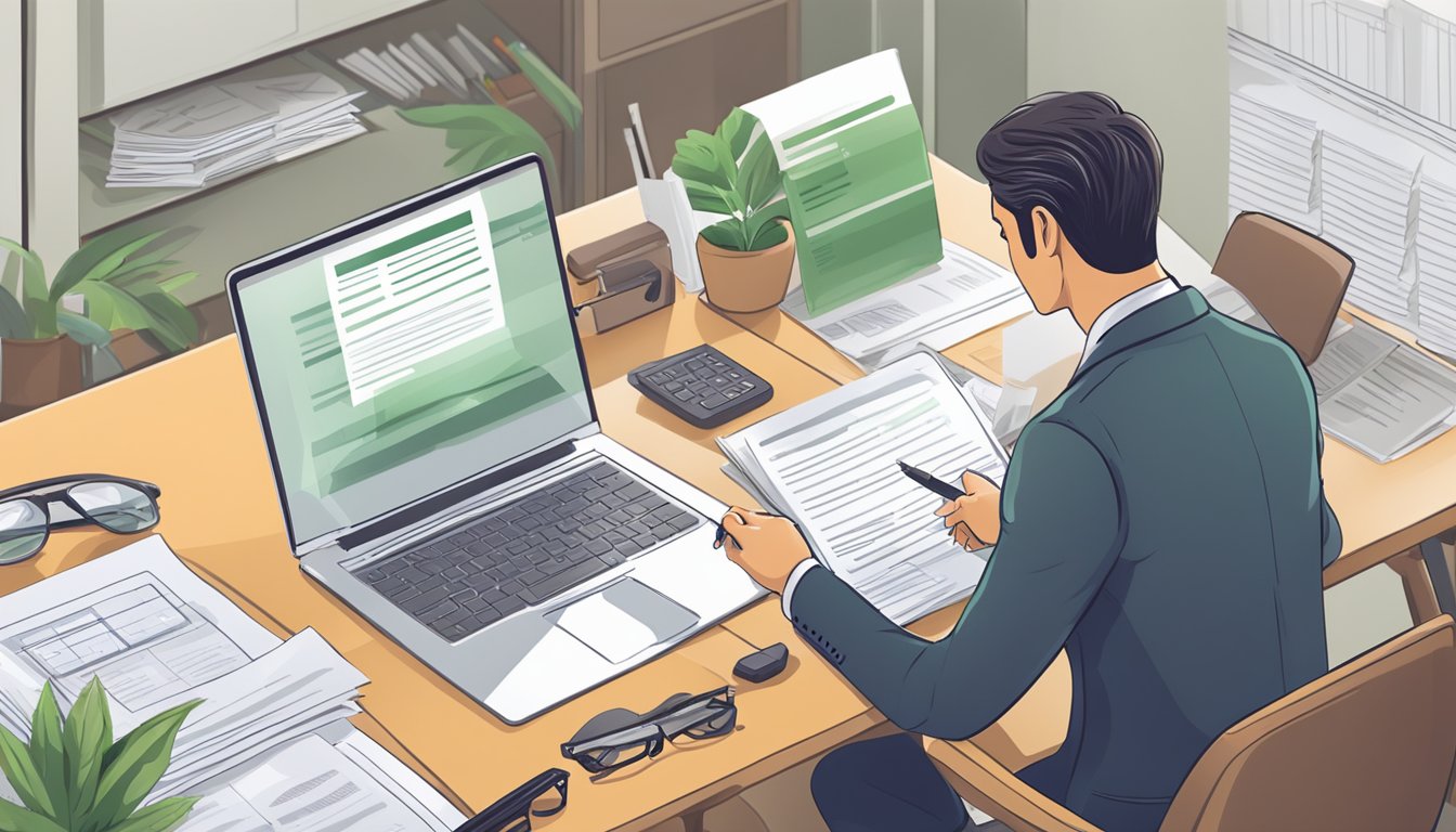 A businessman fills out a loan application form on the ThinkSME.sg website, surrounded by financial documents and a laptop