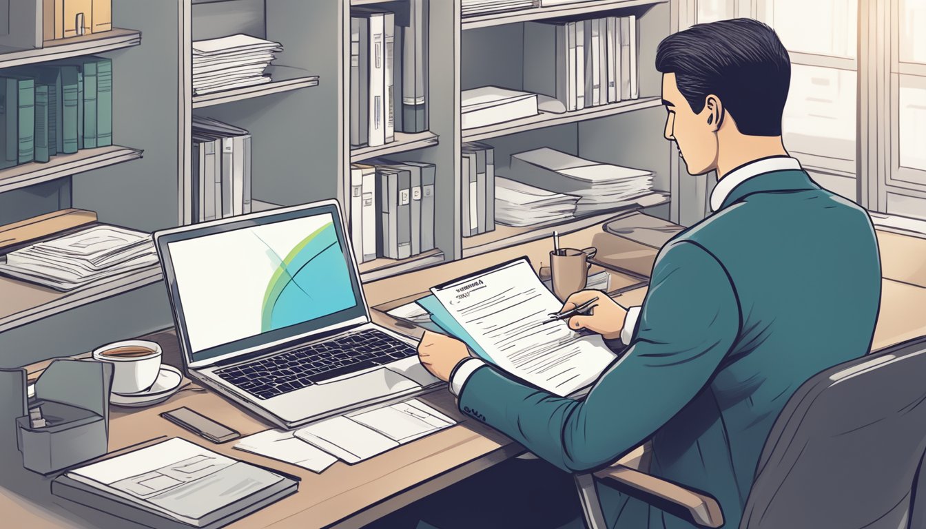 A businessman sits at a desk, reviewing documents labeled "Practical Tips for Business Loan Applicants" from ThinkSME.sg. A laptop and pen are nearby