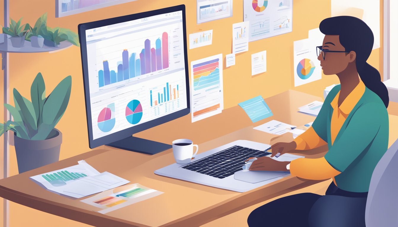 A business owner sits at a desk, reviewing ThinkSME.sg's loan options on a laptop. Charts and graphs are spread out in front of them, as they consider their financial options