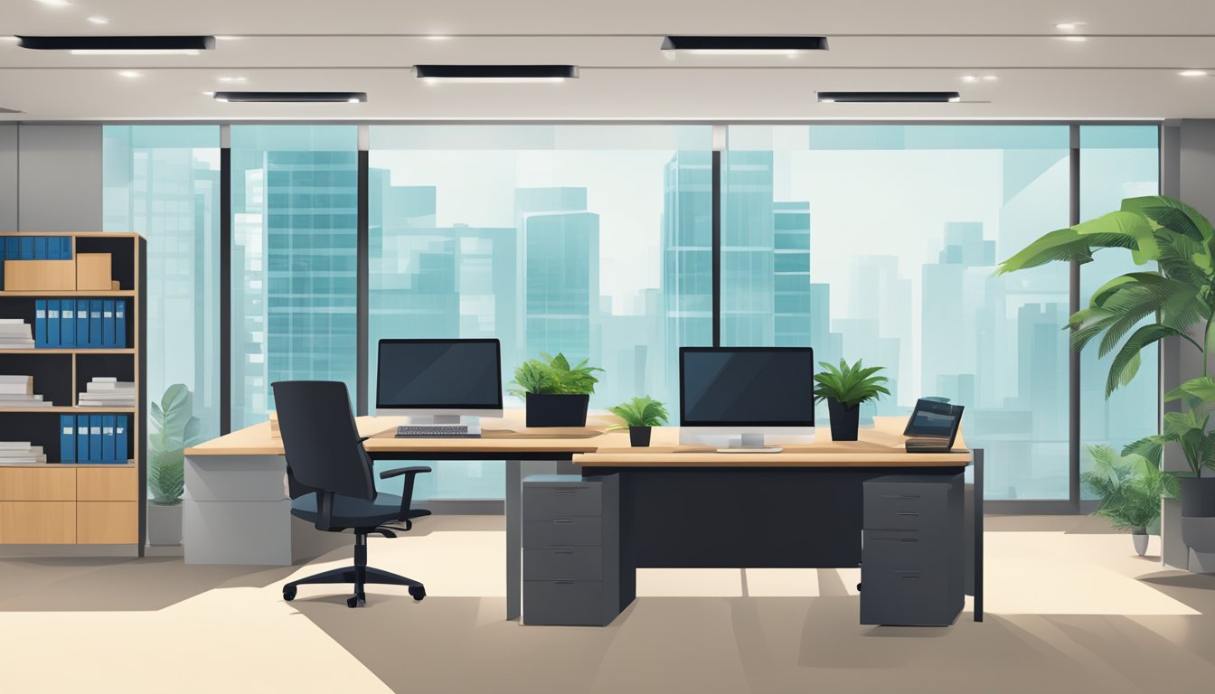 A modern office setting with a desk, computer, and paperwork, featuring the logo of "BizSquare Management Consultants Pte Ltd" and a sign reading "Business Loan SG Review."