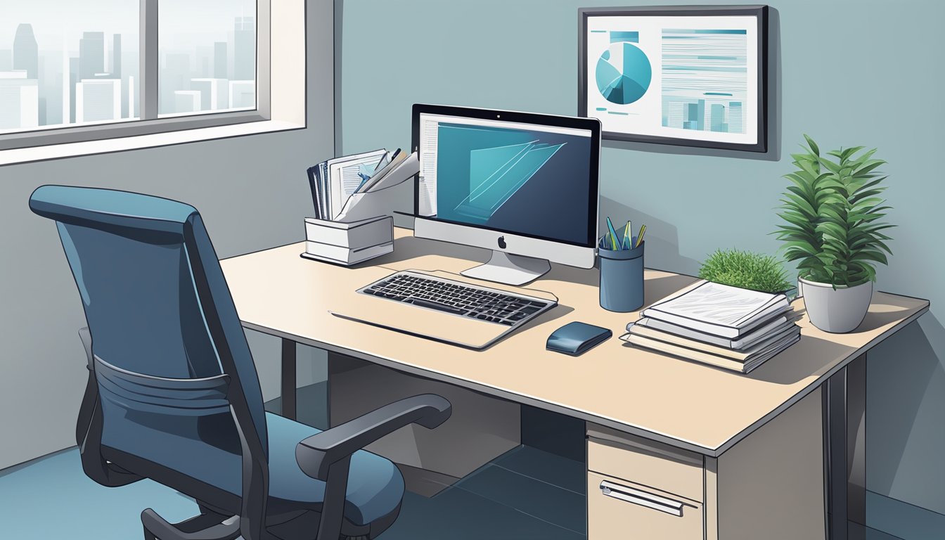 A modern office setting with a sleek desk, computer, and business documents. A sign with the company name "BizSquare Management Consultants Pte Ltd" is prominently displayed