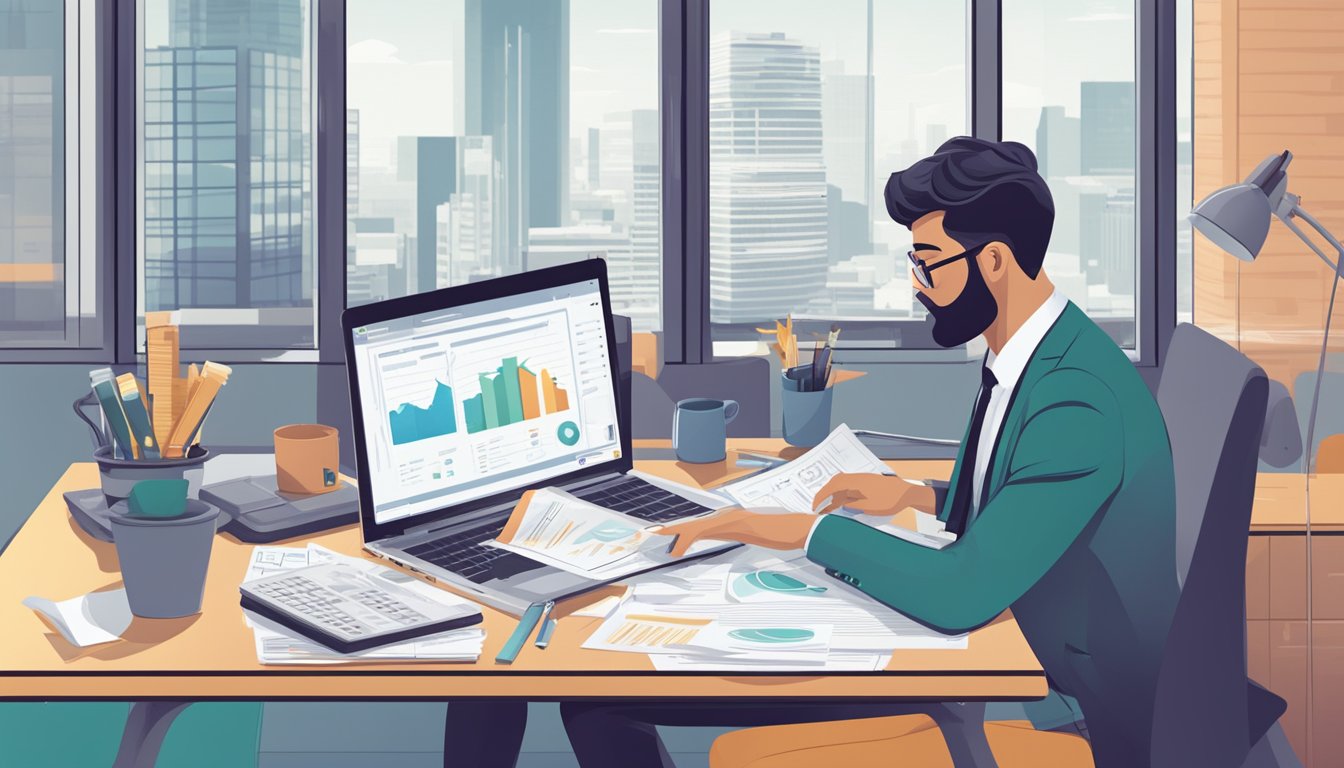 A person comparing loan offers on a desk with a laptop, calculator, and documents, surrounded by charts and graphs