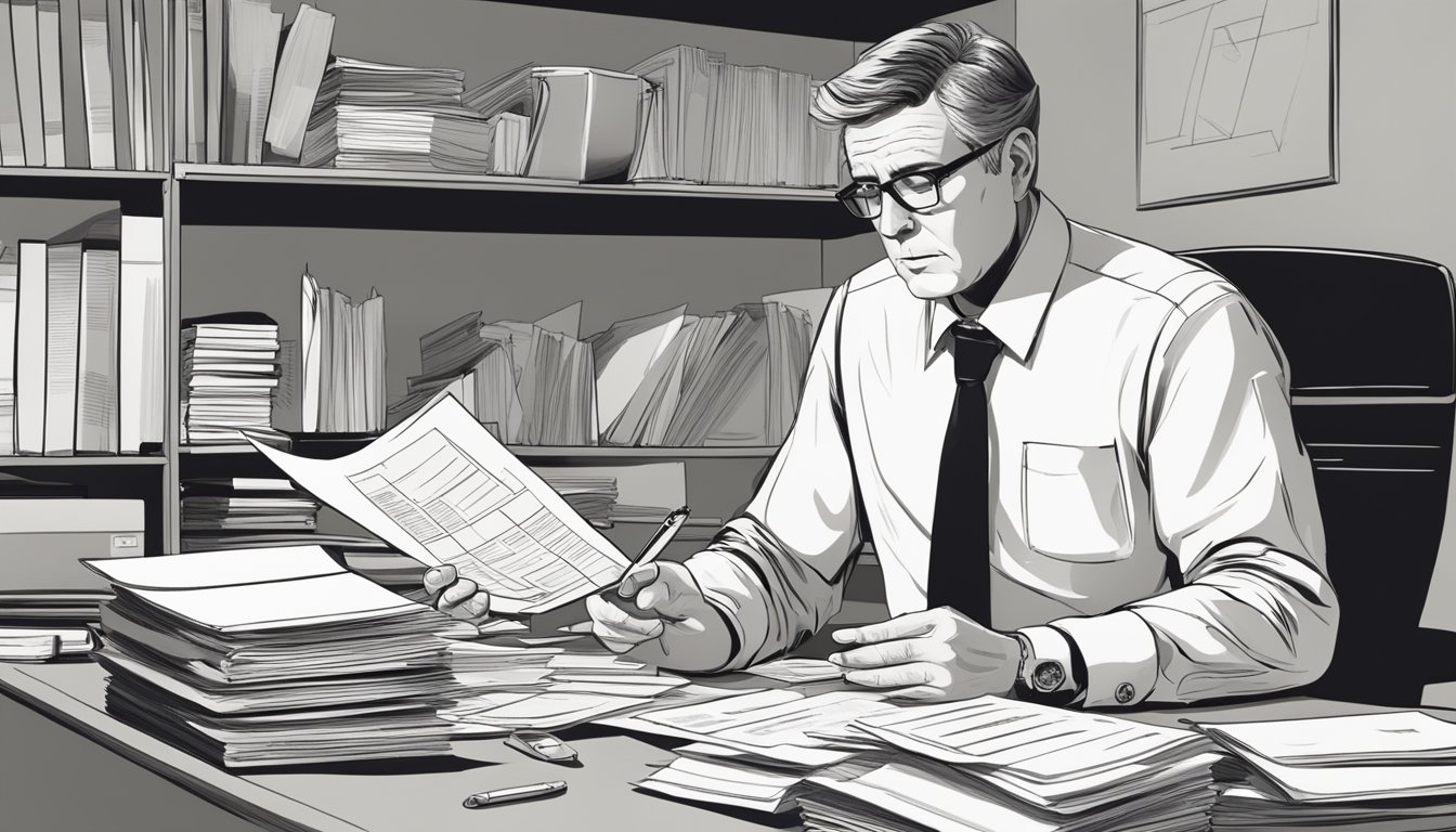 A businessman sitting at a desk, reviewing documents and financial statements with a serious expression. The desk is cluttered with papers and a laptop, indicating a busy and productive work environment