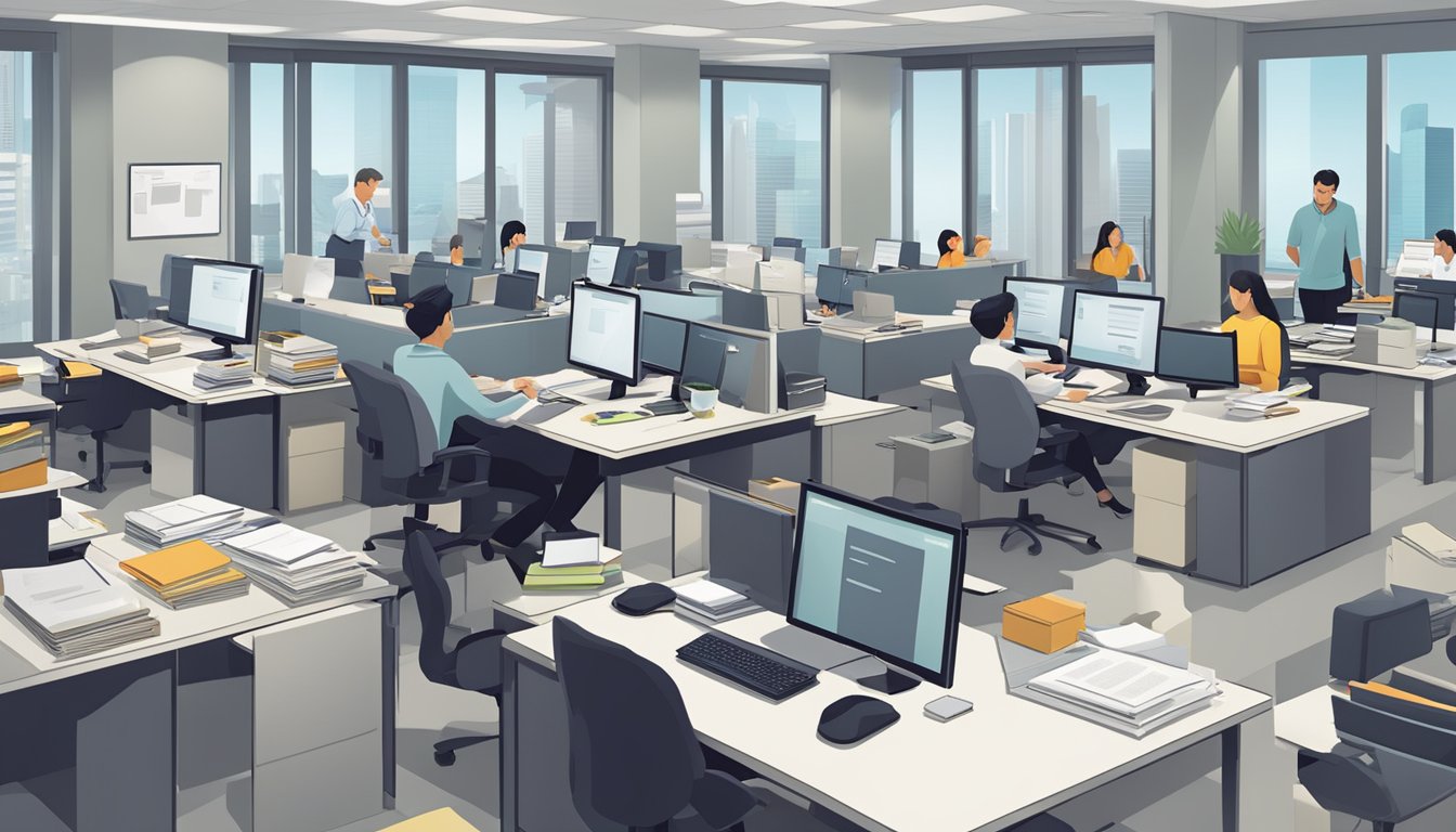 A busy office with employees reviewing business loan applications at BizSquare Management Consultants Pte Ltd. Papers and computers scattered on desks