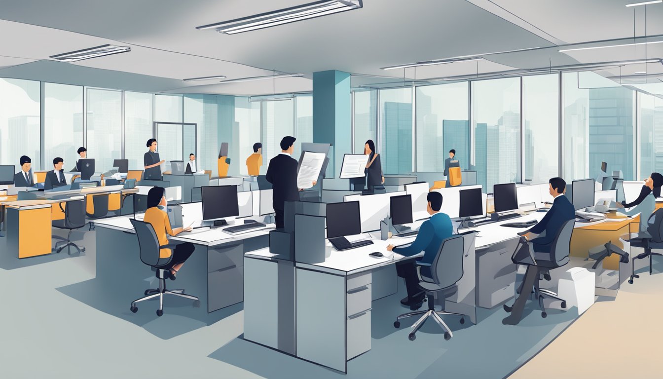 A bustling office with people discussing business loans, a consultant presenting tips, and a sign for "BizSquare Management Consultants Pte Ltd Business Loan SG Review."