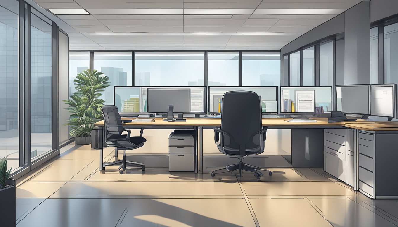 A modern office setting with a desk, computer, and paperwork. A logo of BizSquare Management Consultants Pte Ltd displayed prominently