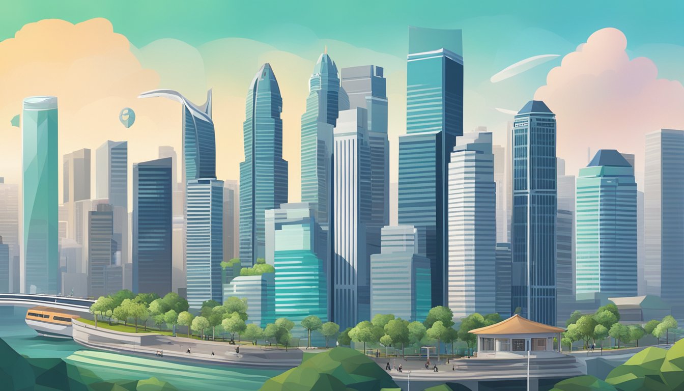 A bustling Singapore cityscape with skyscrapers and financial institutions, featuring a prominent GrabFinance Business Loan sign