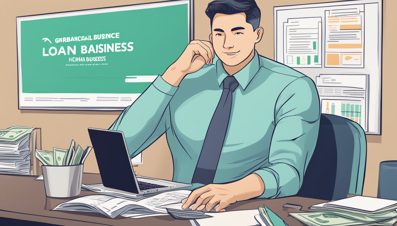 A businessman sits at a desk, surrounded by financial documents and a laptop. A sign on the wall reads "GrabFinance Business Loan SG Review."