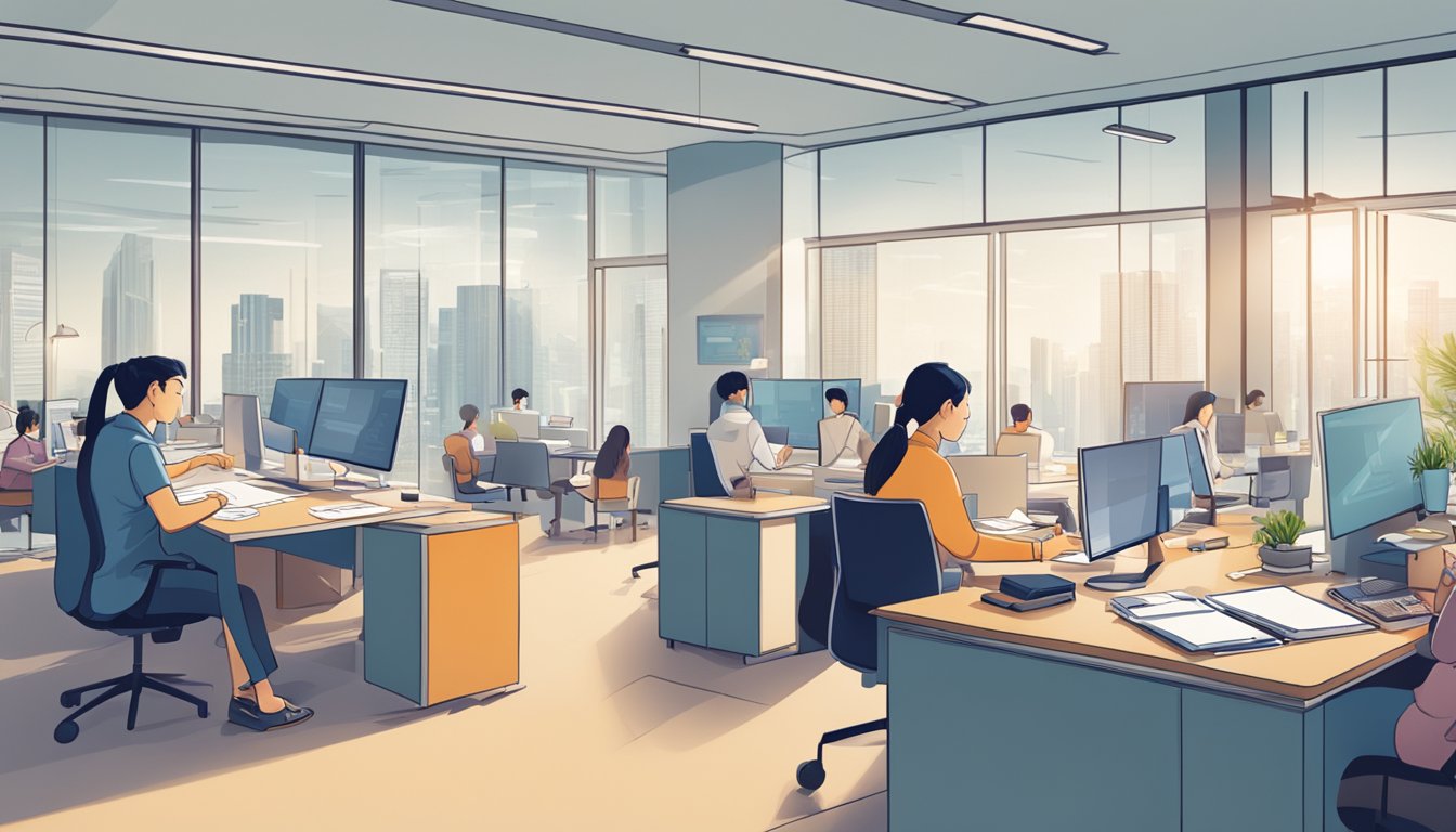 A bustling office with people reviewing documents and discussing loan applications at Funding Societies in Singapore