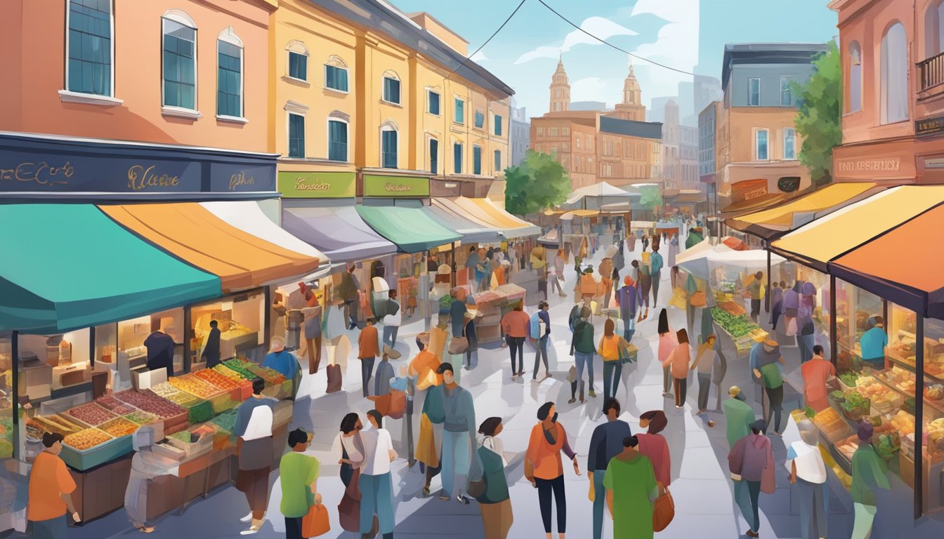 A bustling marketplace with diverse businesses, from food stalls to clothing shops, all seeking funding and support. The atmosphere is vibrant and energetic, with people engaged in conversations and transactions