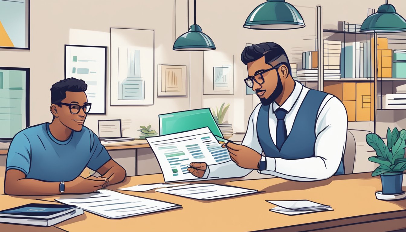 A business owner fills out loan application forms while a GrabFinance representative reviews and approves the documents