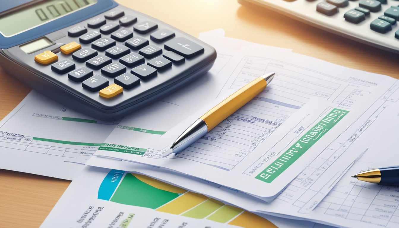 A stack of paper documents with "Eligibility Criteria Funding Societies SME Loans SG Review" printed on them, surrounded by a calculator, pen, and laptop