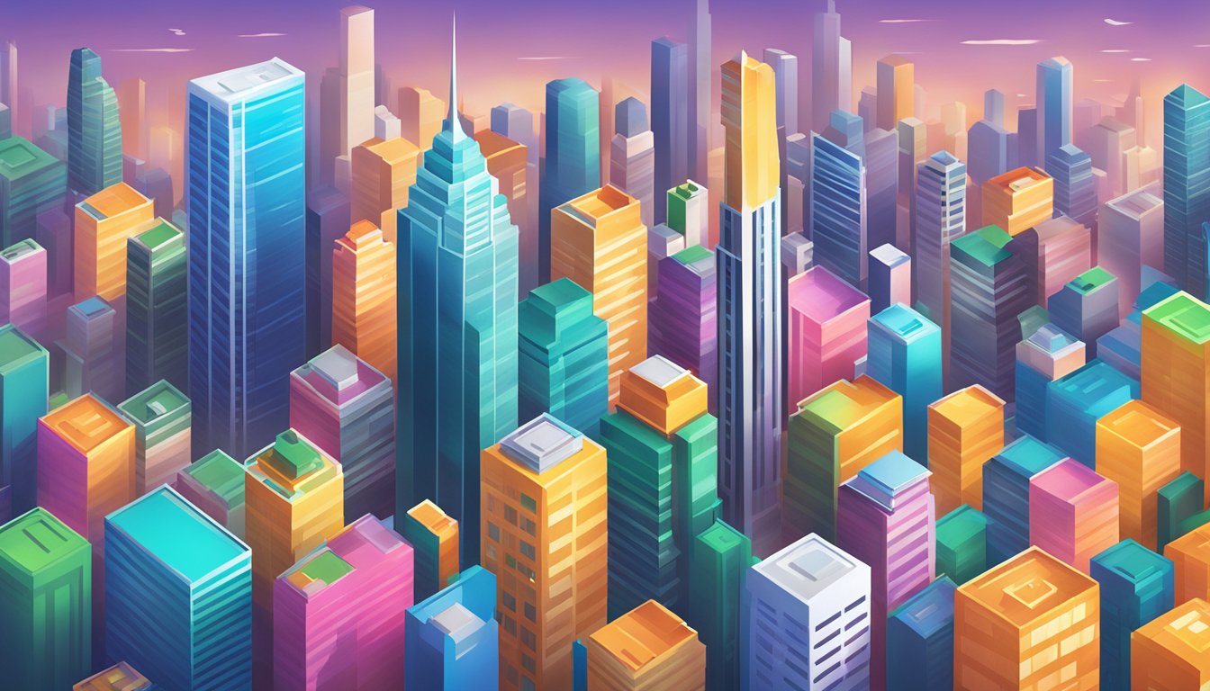 A vibrant cityscape with towering skyscrapers and bustling streets, featuring the GrabFinance logo prominently displayed on a sleek modern building