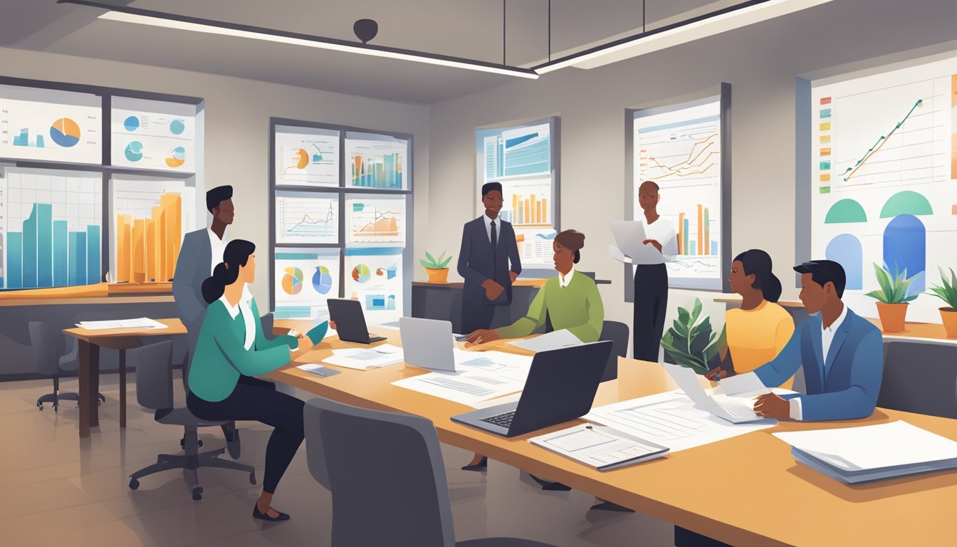 A group of business owners review various loan offers, comparing rates, terms, and benefits. Charts and graphs line the walls, while laptops and papers cover the table