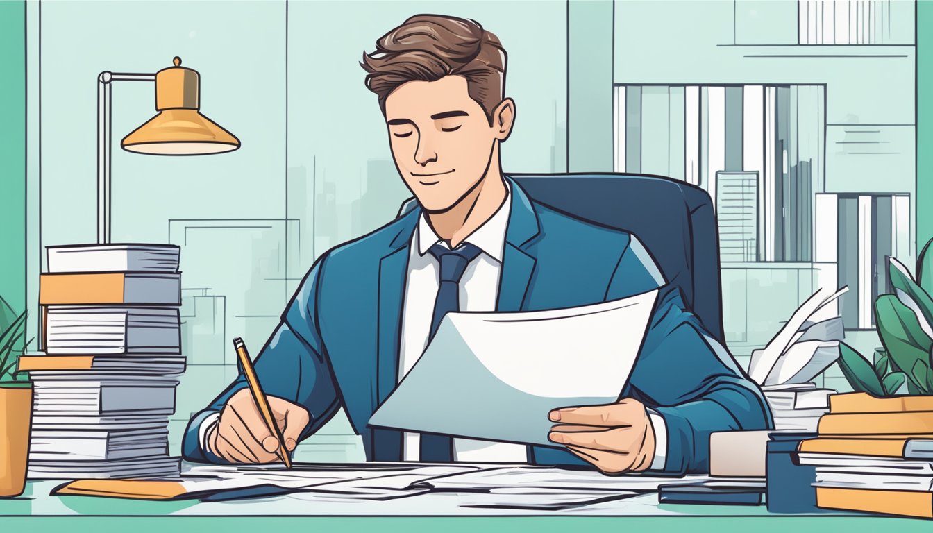 A businessman signing a contract with GrabFinance, surrounded by financial documents and a laptop