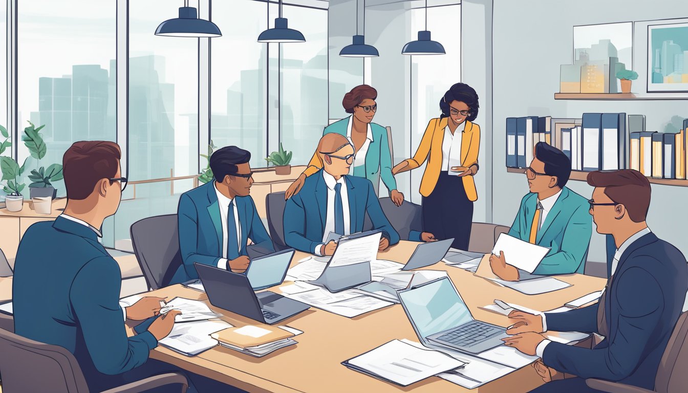 A group of business professionals gather around a conference table, discussing and reviewing the funding options available through Funding Societies SME Loans SG