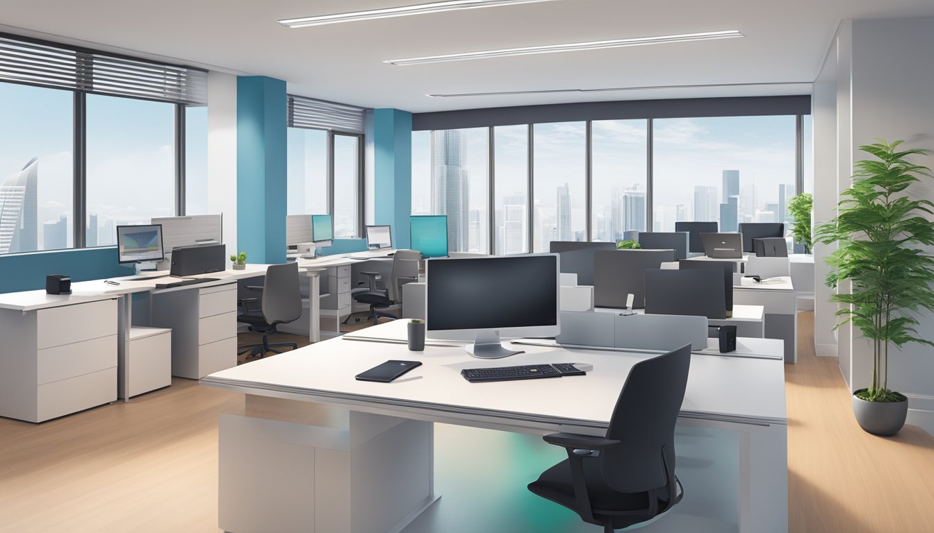 A modern office setting with a sleek desk, computer, and paperwork, representing the professional environment of Hong Leong Finance Singapore's business loan operations