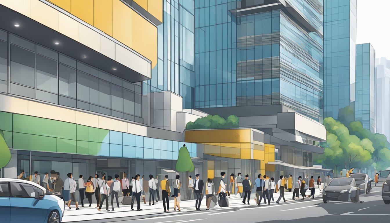 A bustling Singapore street with a prominent Hong Leong Finance branch, featuring a sleek and modern exterior. Busy professionals and entrepreneurs are seen entering and exiting the building, showcasing the demand for business loans