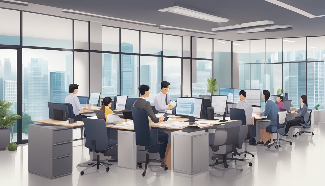 A bustling office with professionals discussing loan criteria and reviewing documents at Hong Leong Finance in Singapore