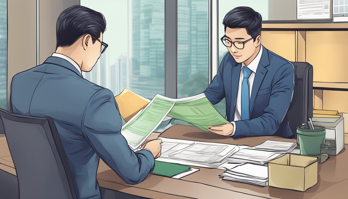 A businessman submits documents to a loan officer. The officer reviews and approves the application at a Hong Leong Finance office in Singapore