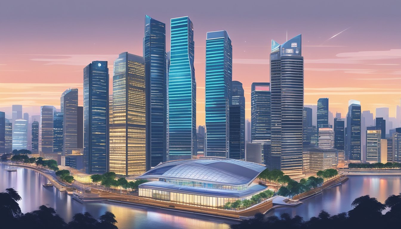 A bustling Singapore cityscape with the iconic Hong Leong Finance building standing out among the financial district. Bright lights and modern architecture highlight the company's prominence in the business loan market