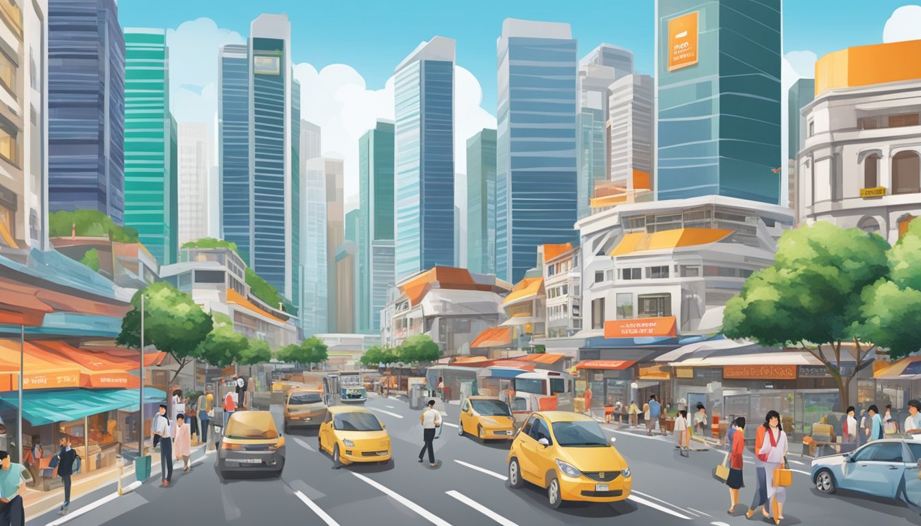 A bustling street in Singapore, with various business establishments lining the road. A prominent sign for Hong Leong Finance stands out among its competitors