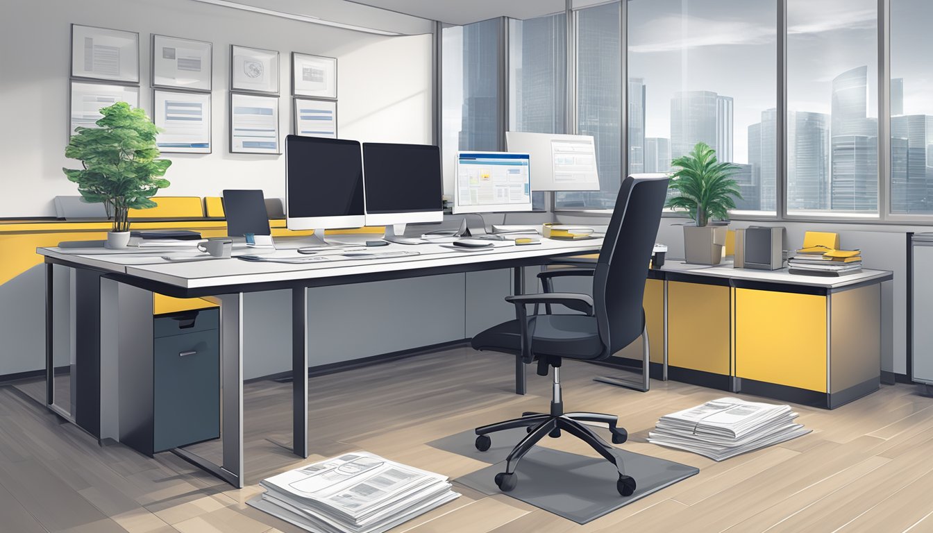 A modern office setting with a sleek desk, computer, and business documents scattered around, with the Hong Leong Finance logo prominently displayed