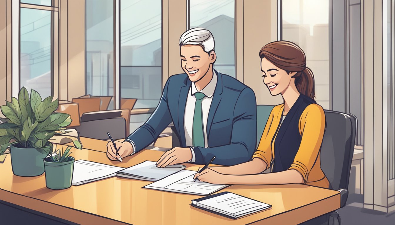 A small business owner signing loan documents at a desk in a cozy office with a smiling loan officer