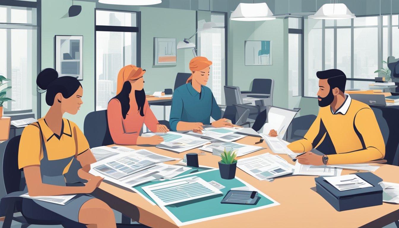 A bustling office with SME owners discussing loan options with Microcapital staff. Documents and charts are spread out on the table