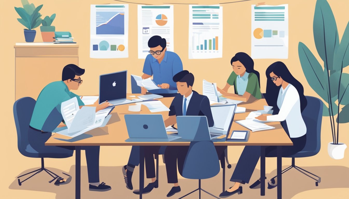 A group of business owners gather around a table, reviewing eligibility criteria for SME microcapital loans in Singapore. Documents and laptops are spread out as they discuss the loan requirements