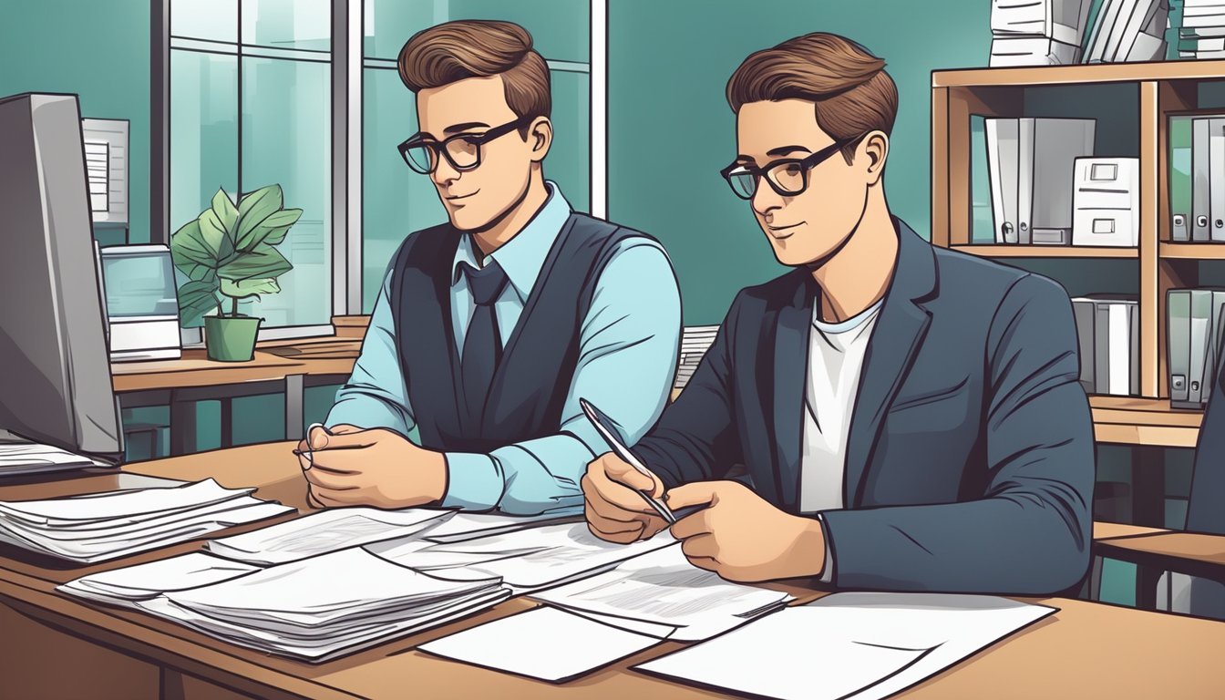 A small business owner fills out loan application forms, submits documents, and receives approval from a financial institution