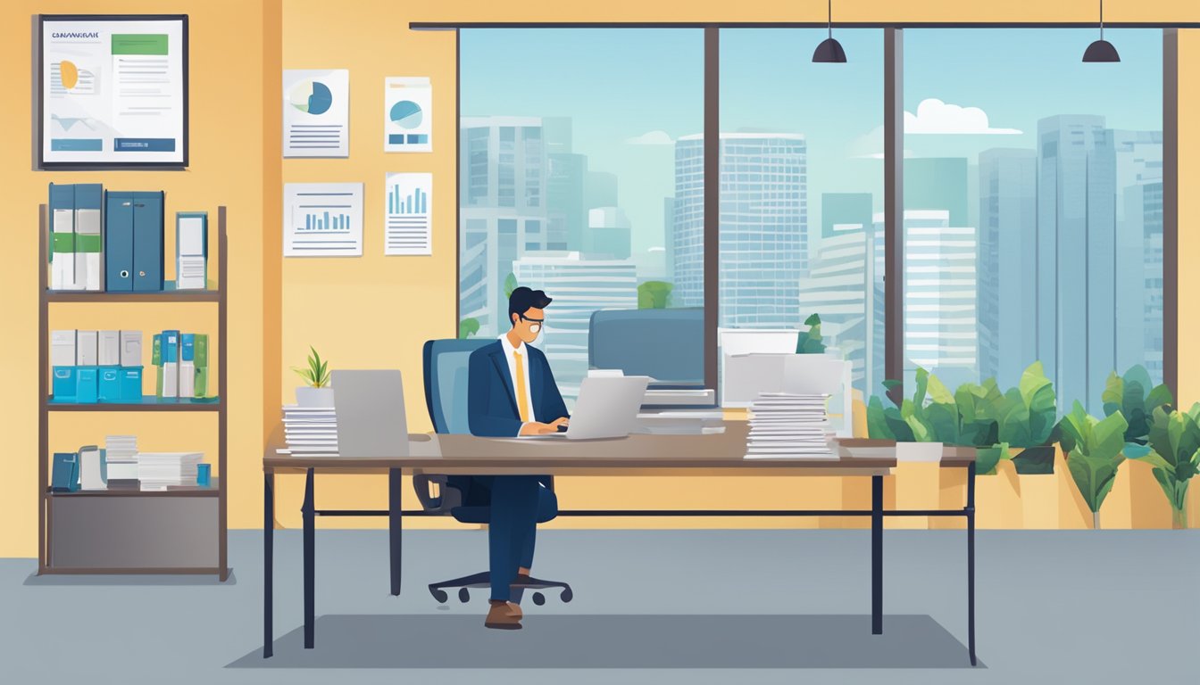 A small office with a desk, computer, and files. A person reviewing and approving business loan applications. Signage with "SME Microcapital Business Loan SG" displayed prominently