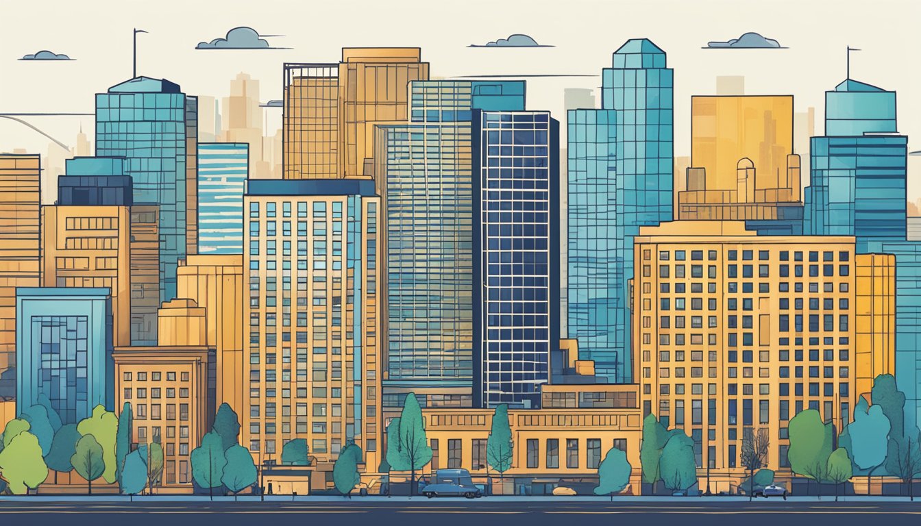 A vibrant cityscape with a modern office building featuring the SME Microcapital Business Loan logo prominently displayed. The building stands out against the skyline, exuding professionalism and reliability