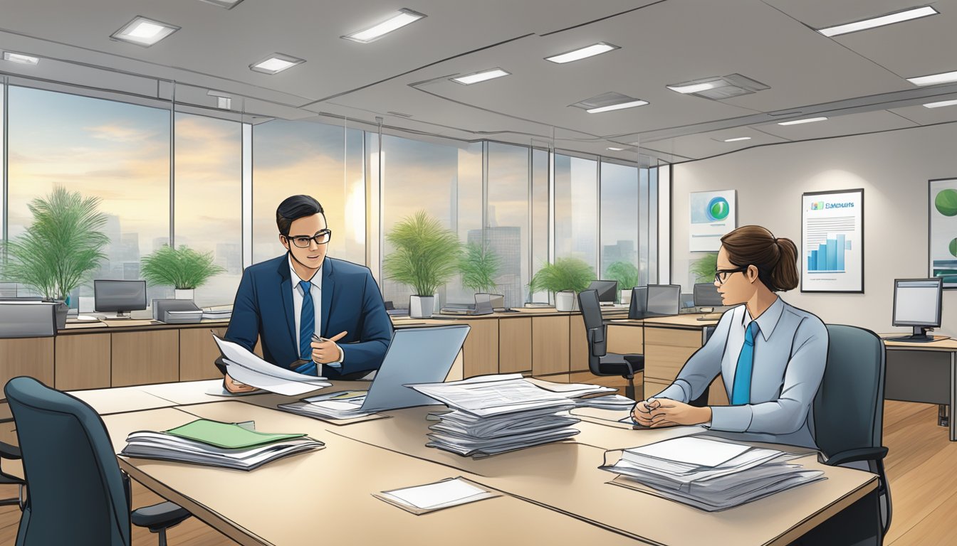 A modern office setting with a banker and a business owner discussing loan terms and reviewing documents. A Standard Chartered logo is visible in the background