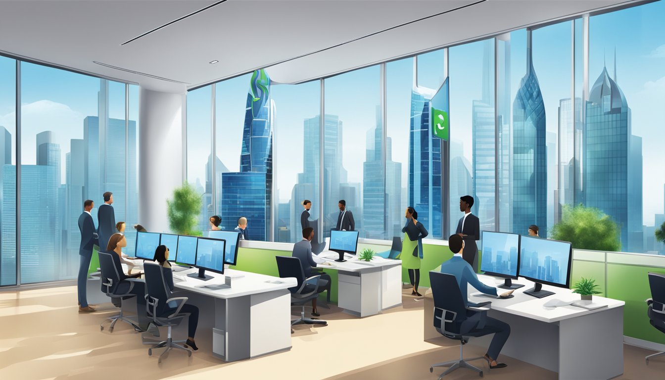 A bustling city skyline with the Standard Chartered logo prominent on a modern office building. A group of diverse business professionals discussing finances in a sleek boardroom