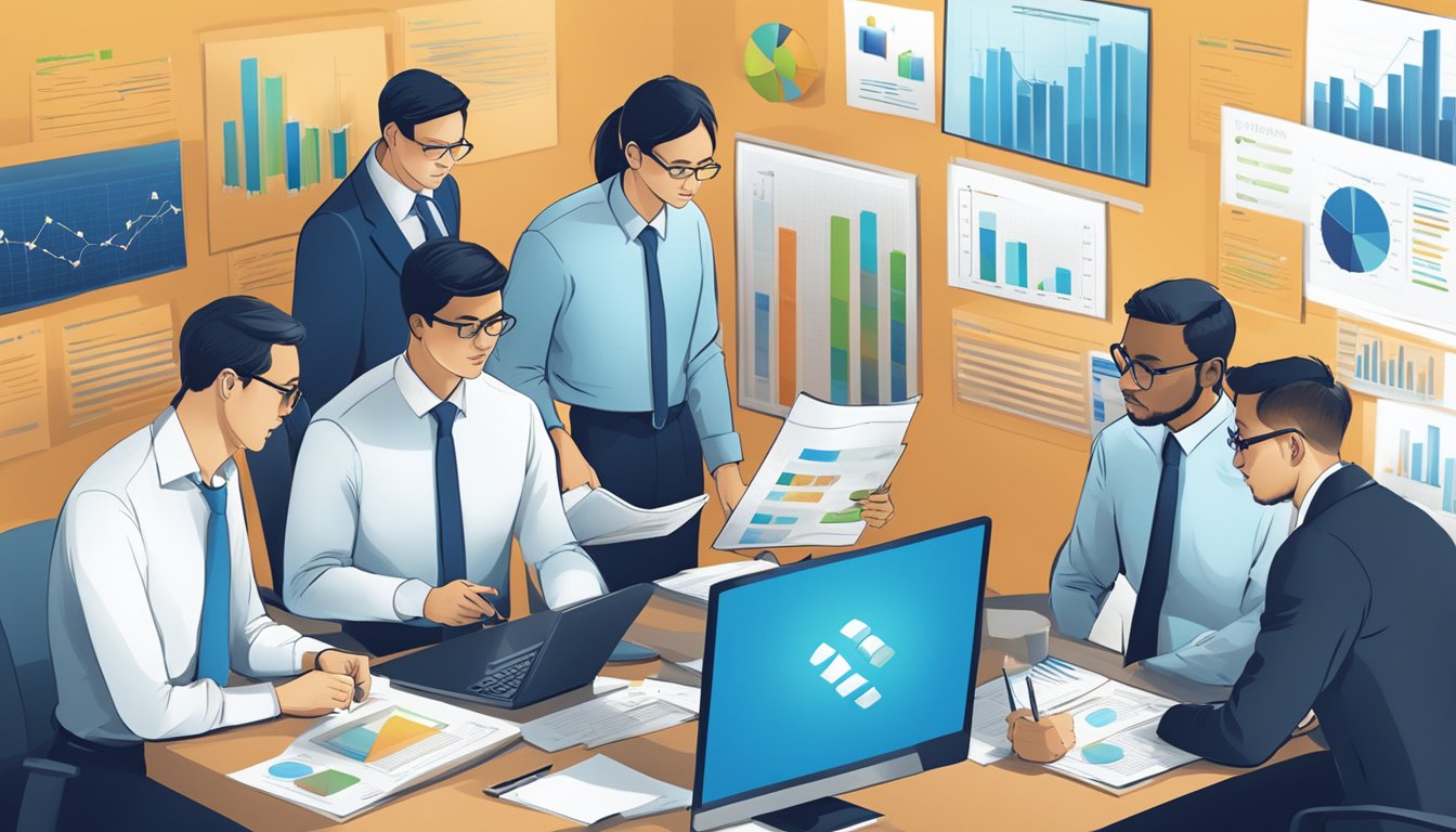 A group of business professionals analyzing data charts and graphs, while a Standard Chartered logo prominently displayed in the background