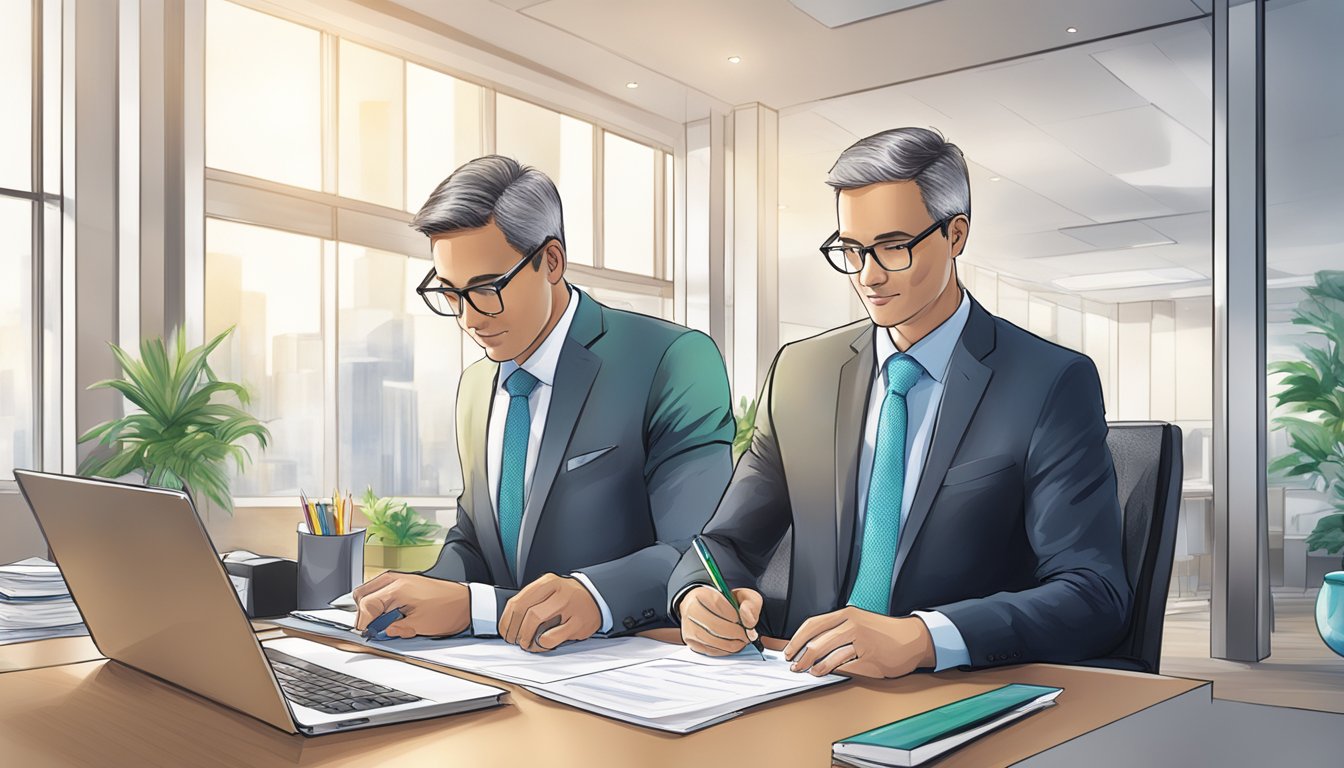 A businessman signing documents at a desk in a modern office, with the Standard Chartered logo visible in the background