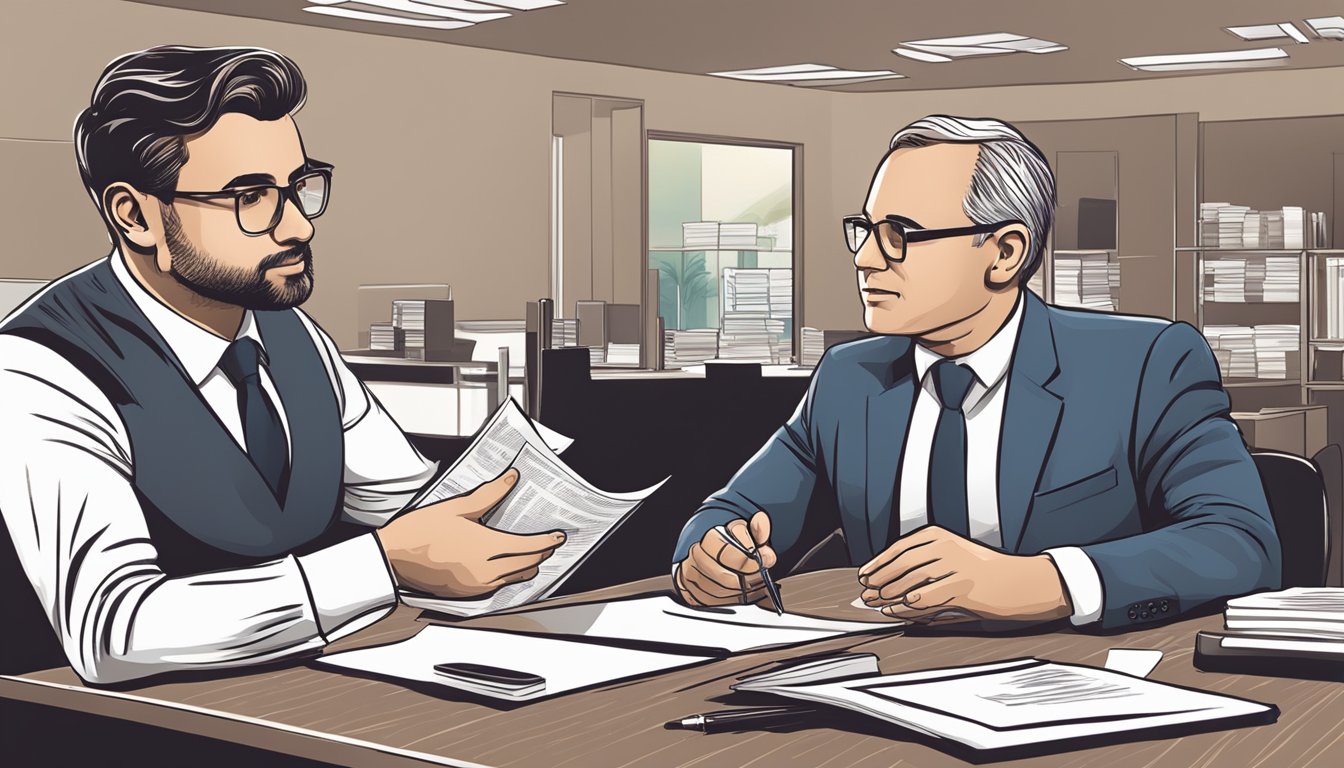 A modern office setting with a banker discussing loan terms with a business owner. The banker is presenting documents and the business owner is listening attentively