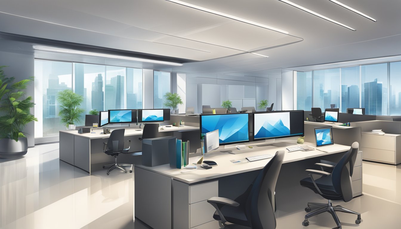 A sleek, modern office setting with a prominent Standard Chartered logo displayed. A professional atmosphere with business professionals discussing financial matters