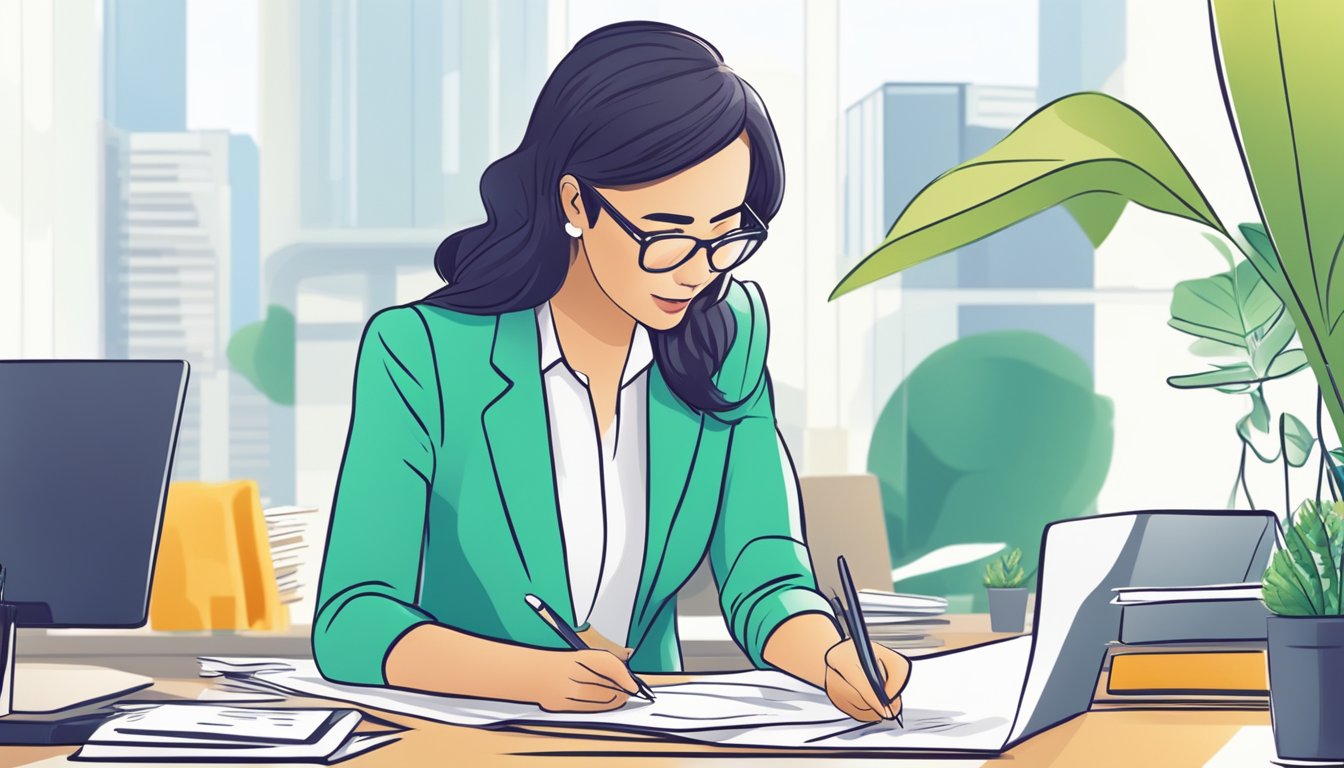 A businesswoman reviews eligibility criteria for a Standard Chartered Business Instalment Loan in Singapore
