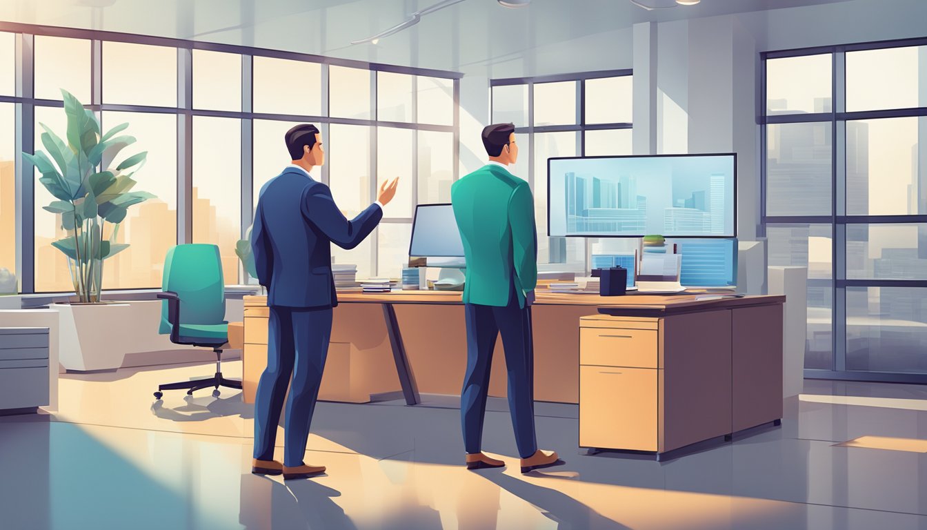 A modern office setting with a banker and a business owner discussing financial documents and shaking hands