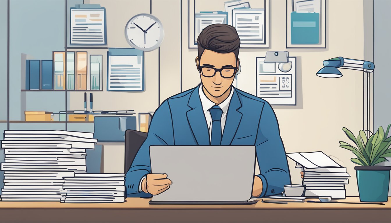 A business owner sits at a desk, reviewing MariBank Business Loan documents with a satisfied expression. The loan application form and a pen are placed on the desk, while the MariBank logo is visible in the background