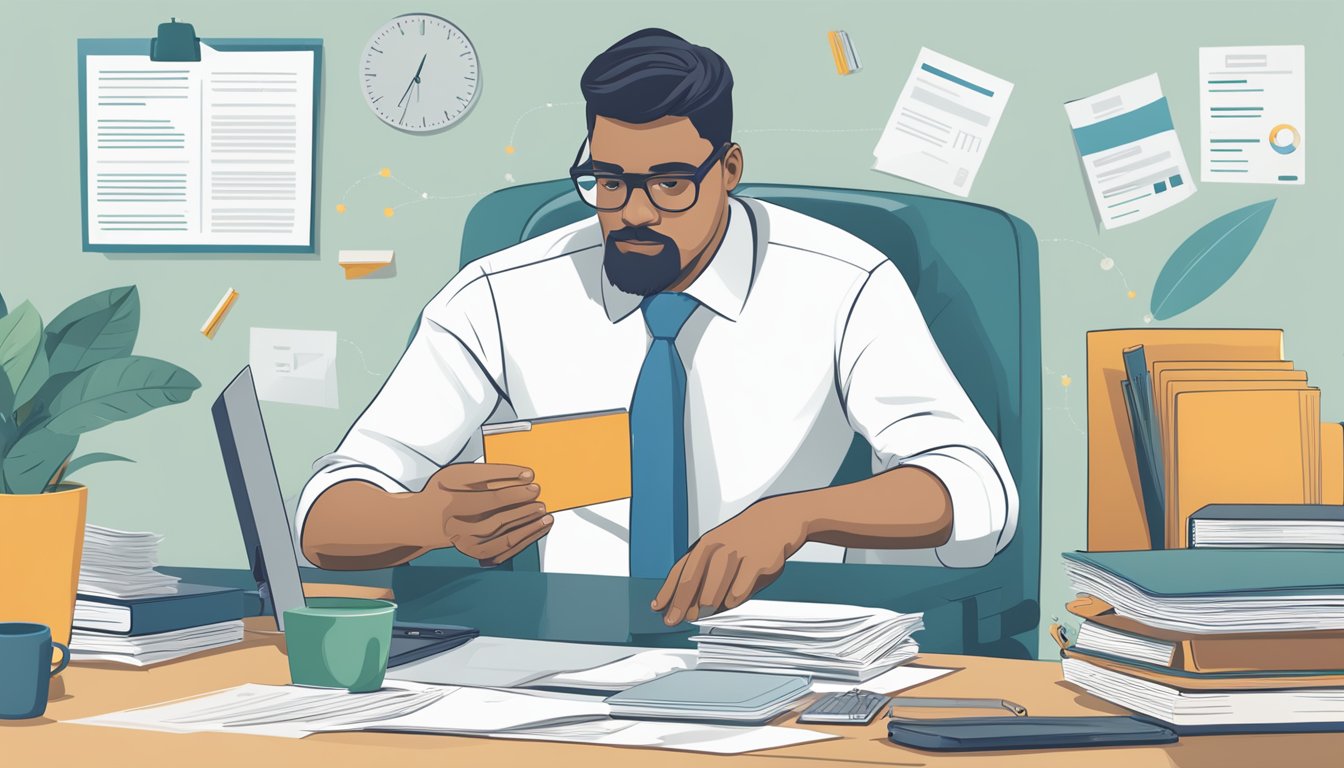 A businessman reviewing MariBank's business loan eligibility criteria. Documents spread out on a desk, calculator, and laptop. Professional and focused atmosphere