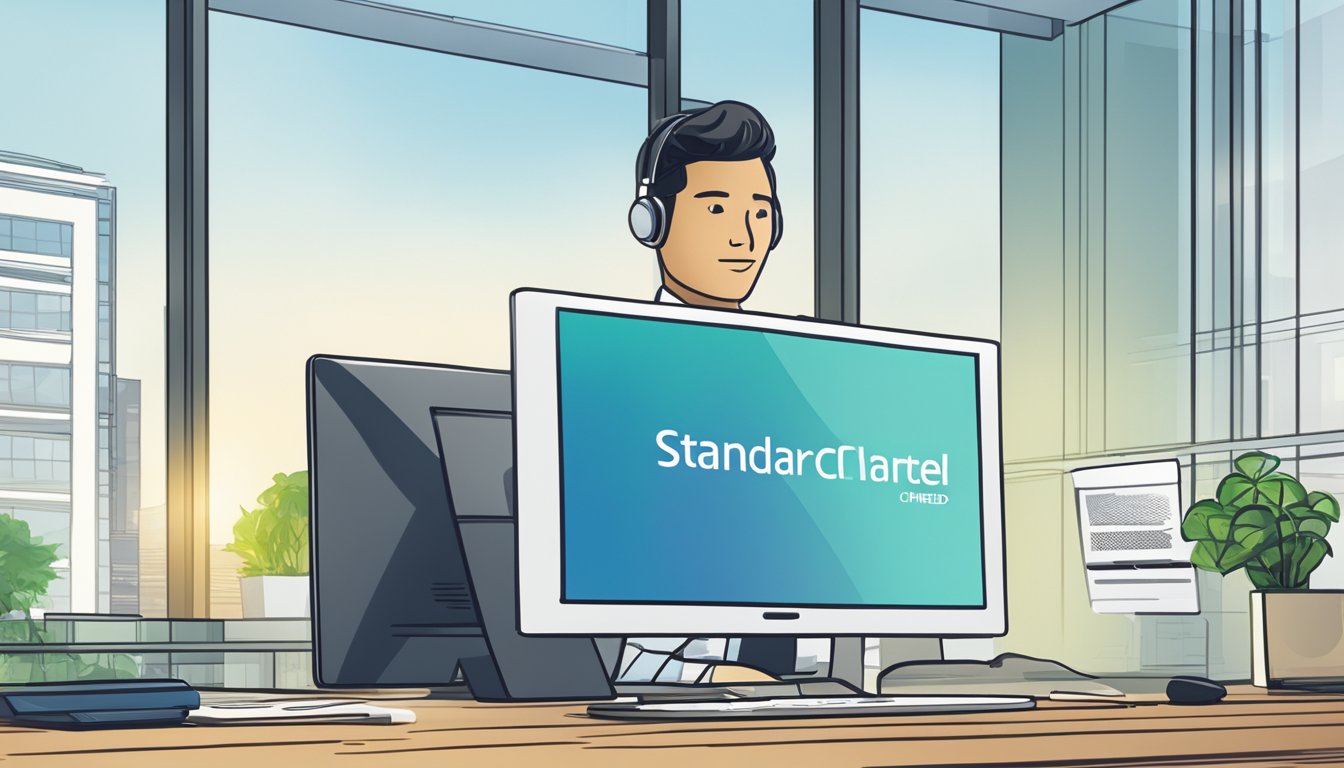 A modern office setting with a focus on a computer screen displaying the Standard Chartered Business Installment Loan application process. The logo and branding of Standard Chartered are prominently featured in the background