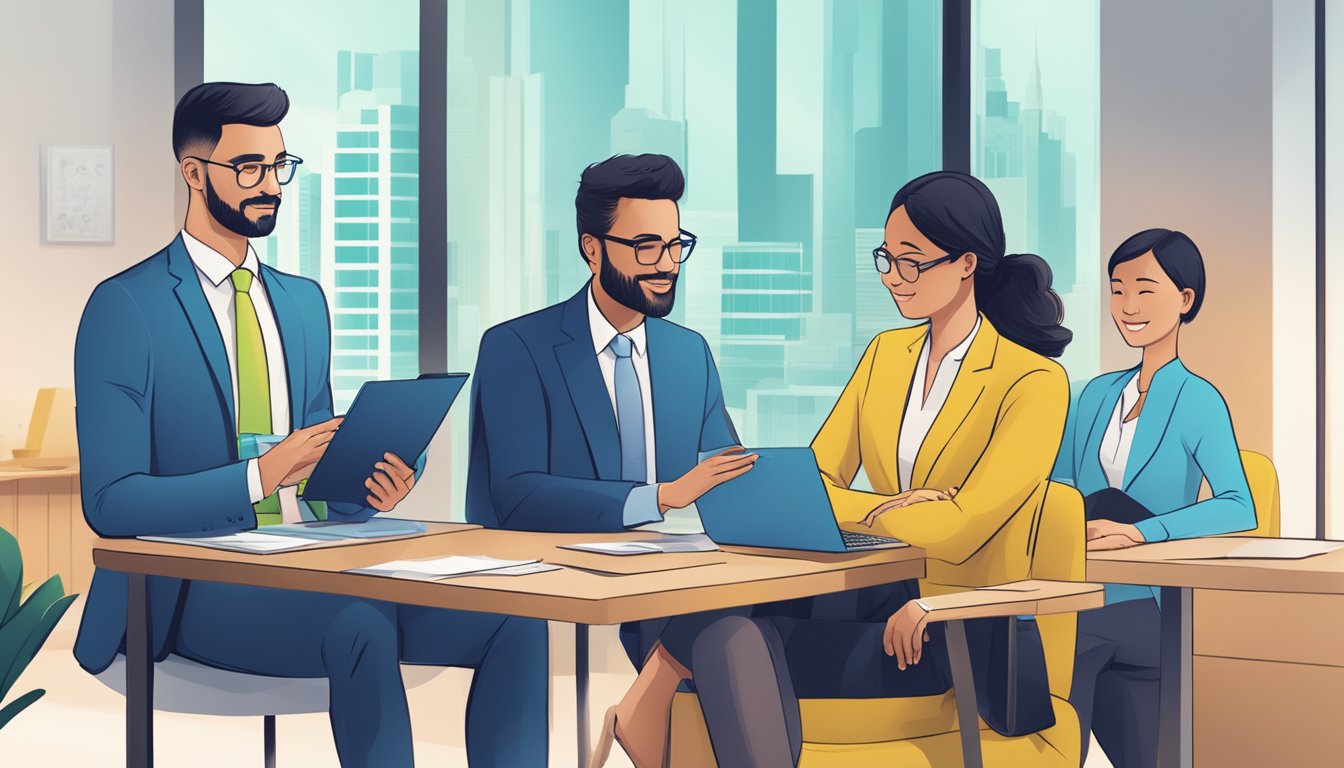 A group of business professionals comparing loan options, with Standard Chartered's features highlighted