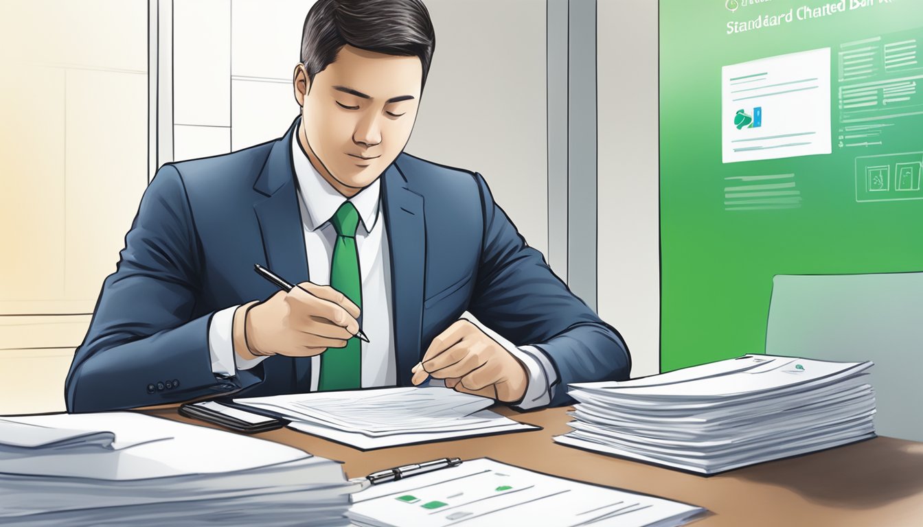 A businessman signing loan documents at Standard Chartered Bank. Table with papers, pen, and bank logo visible