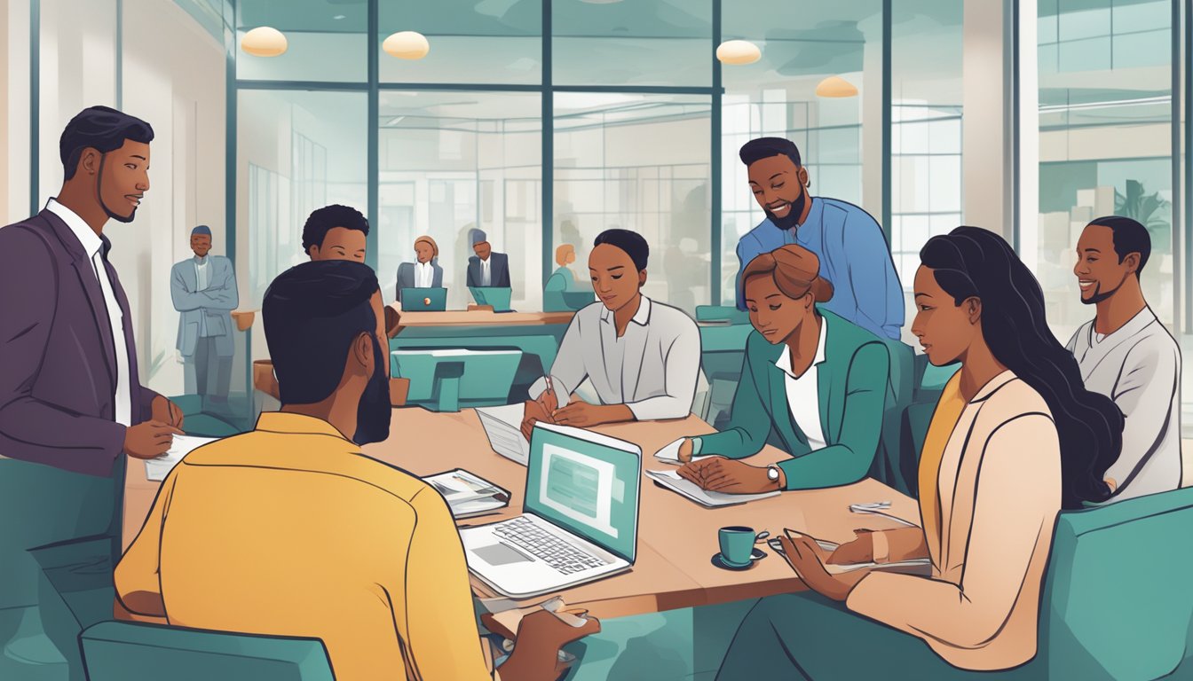 A group of business owners discussing loan options, while comparing MariBank's offerings with those of its competitors