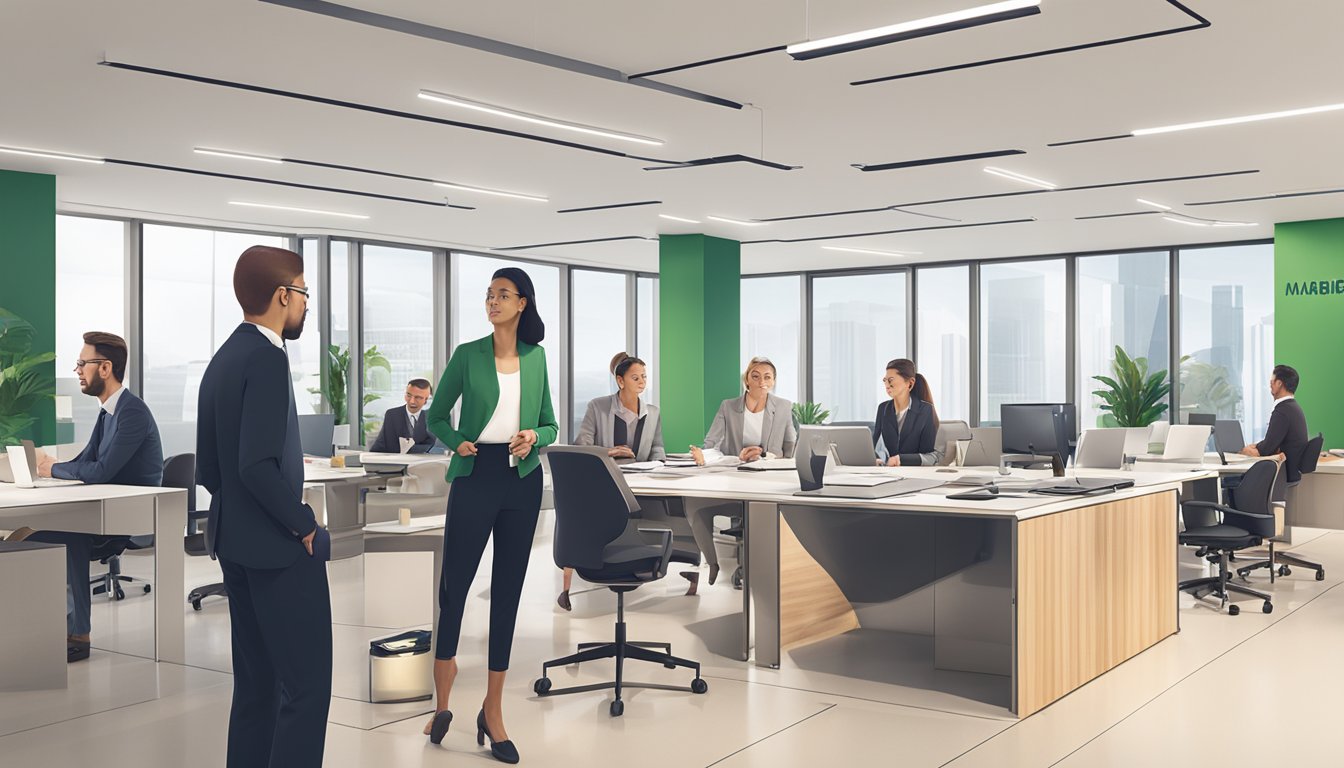 A group of professionals discussing financial documents in a modern office setting with MariBank branding visible